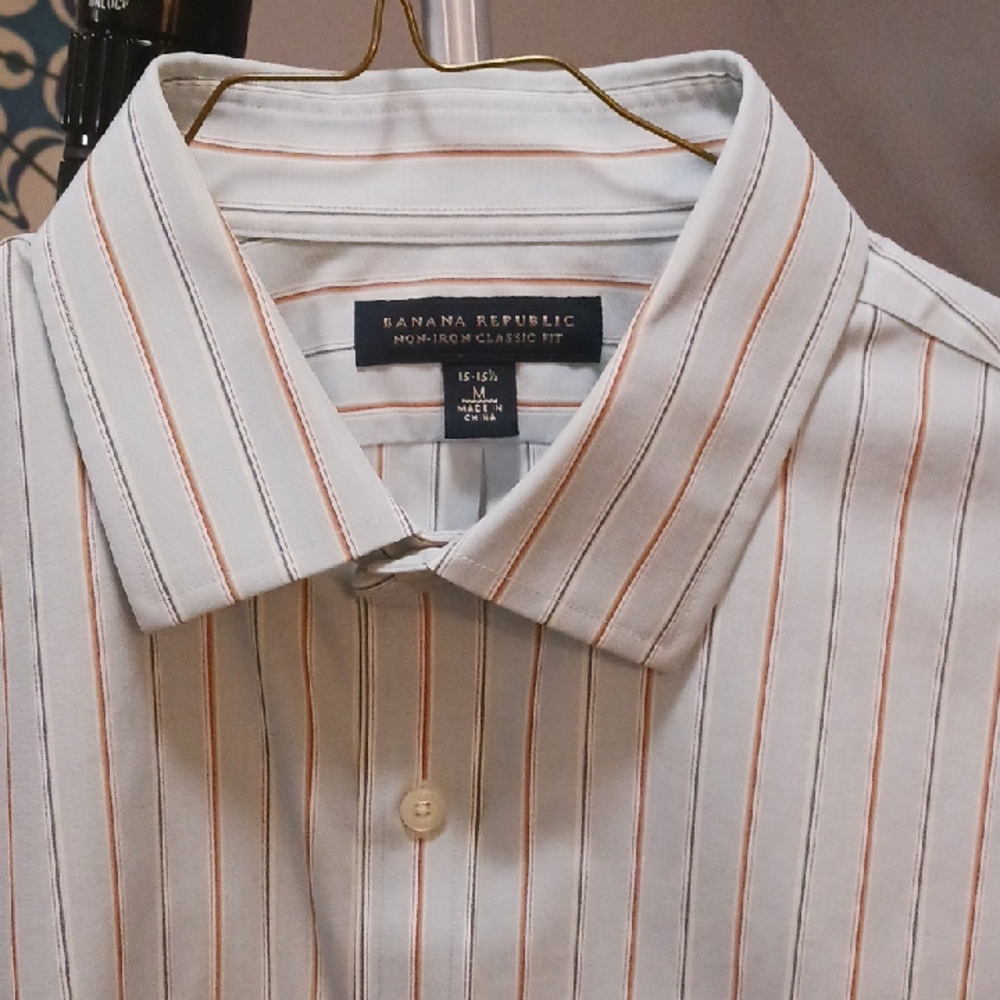 Banana Republic Men's Striped Shirt - White and Orange